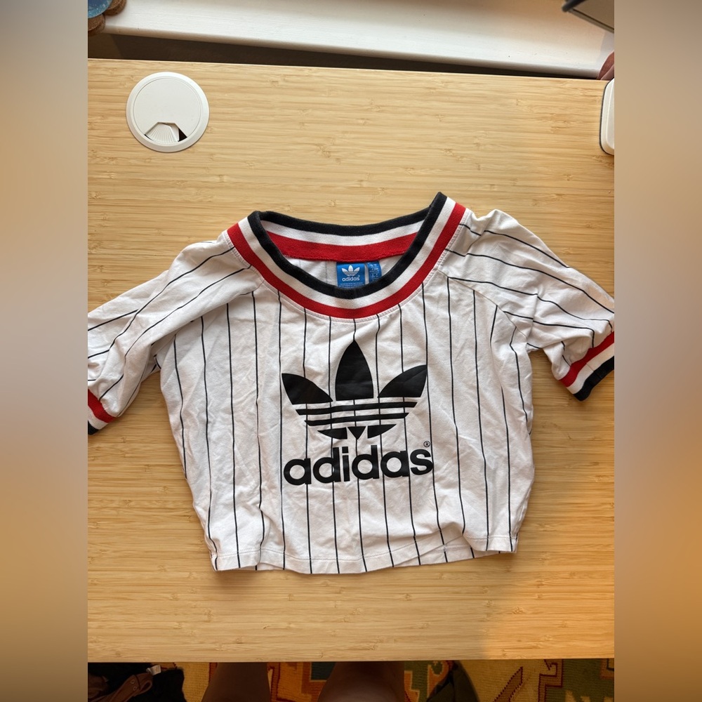 adidas White Pinstripe Crop Tee with Black Logo and Red Trim